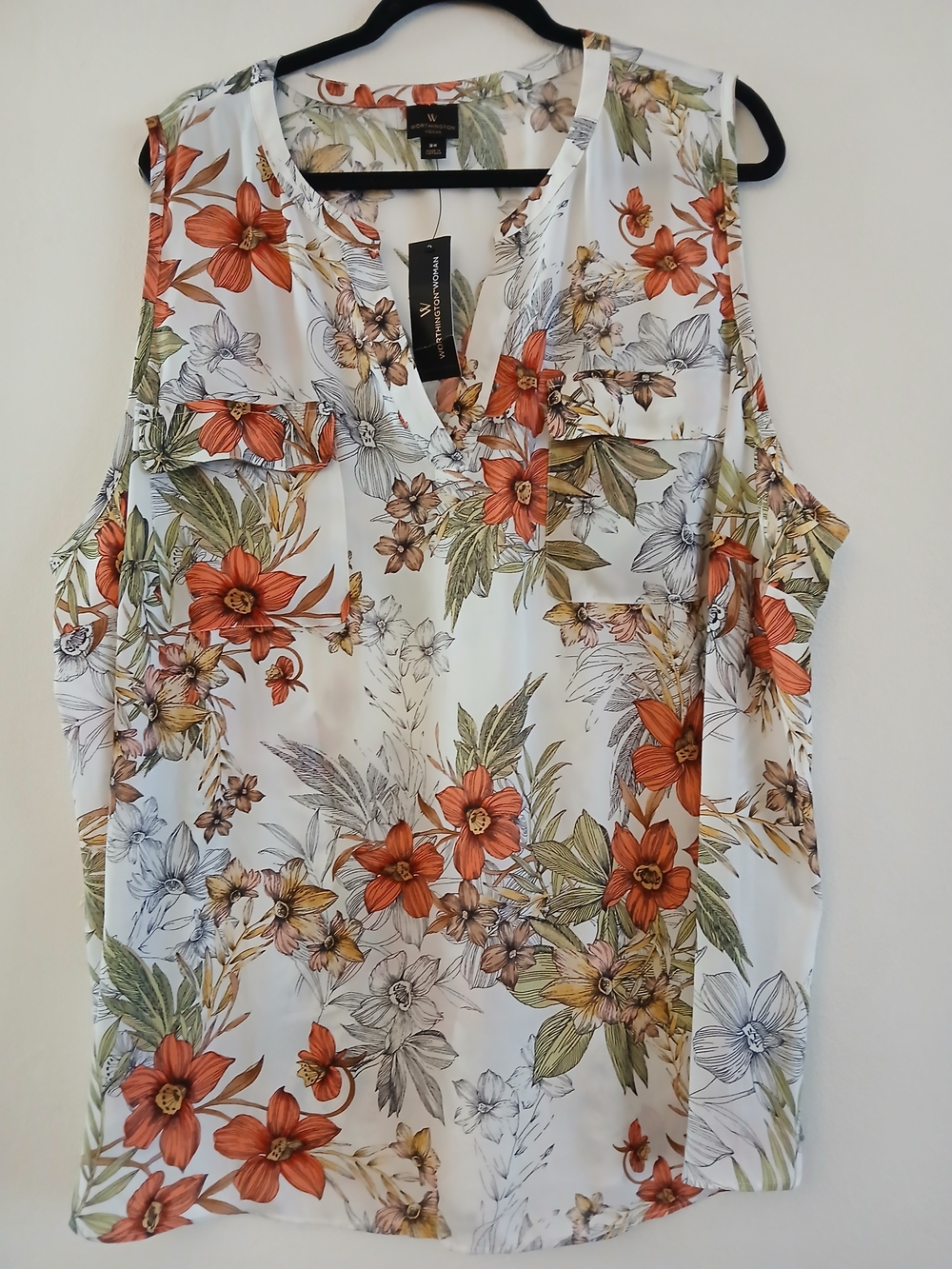 Worthington Mariposa Floral Sleeveless Blouse White & Orange 3X Lightweight $18